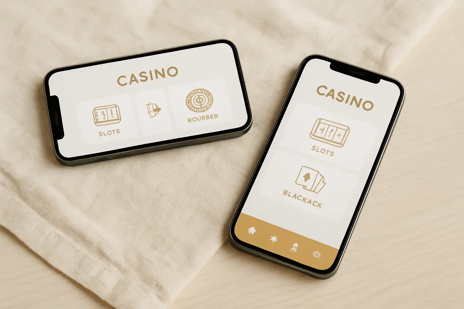 Two smartphones displaying a clean light casino app on white surface