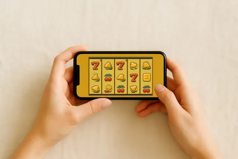 Woman holding smartphone with bright casino game over cream linen