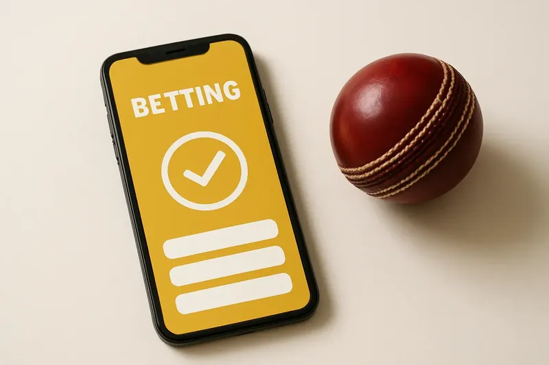 Smartphone with betting app beside cricket ball on white background