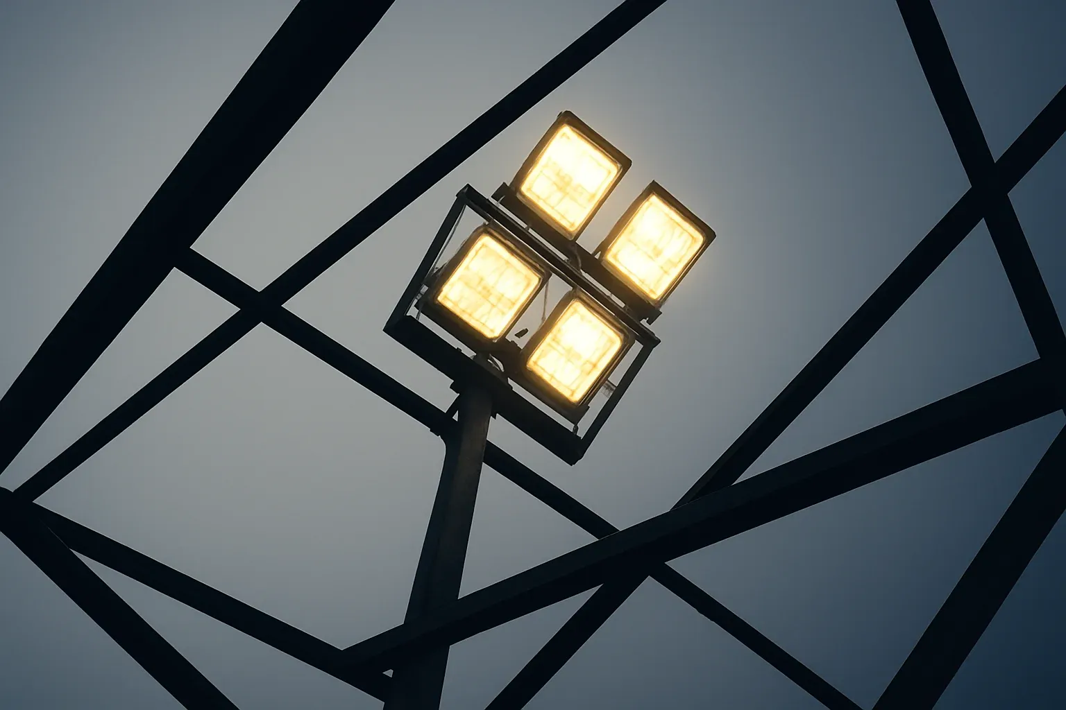 Looking up at bright stadium floodlights through metal structure at dusk
