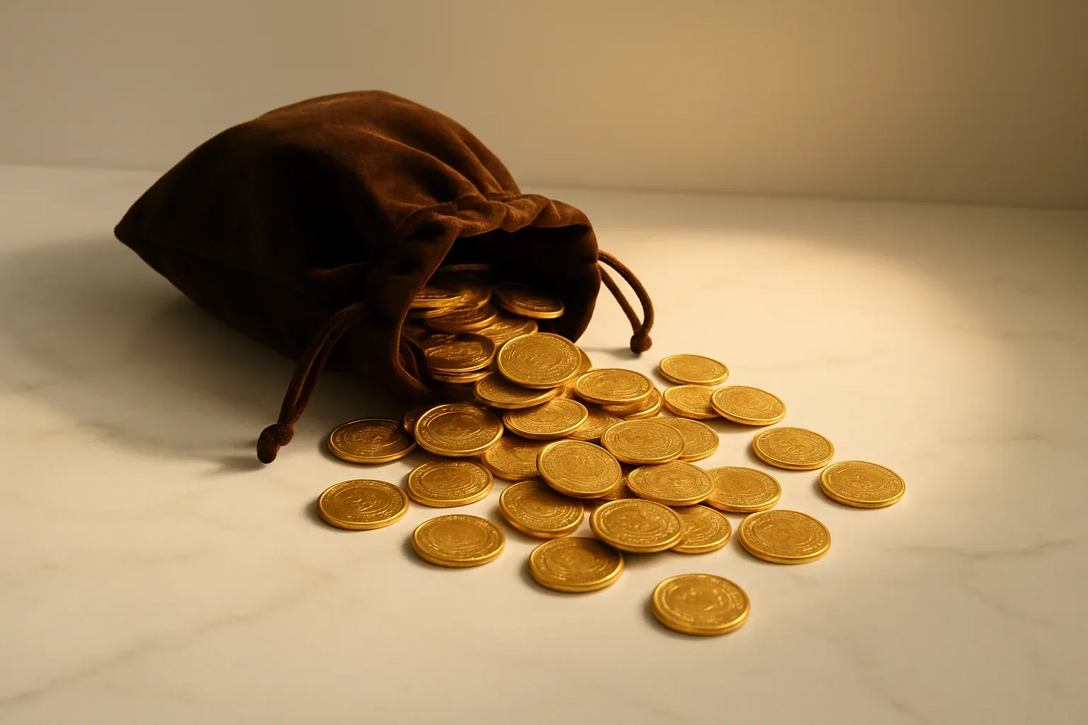 Golden coins spilling from velvet pouch on white marble surface