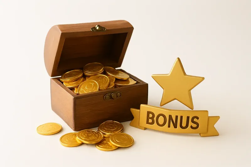 Open treasure box with gold coins, star badge, and bonus ribbon