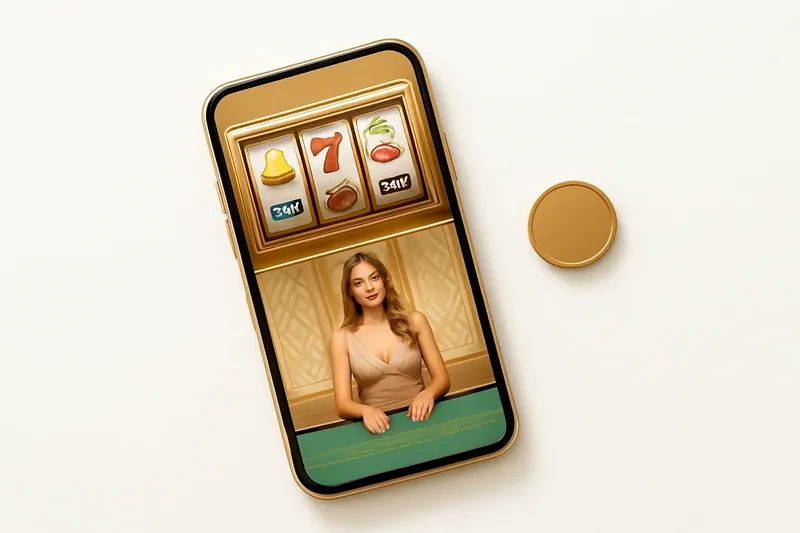 Mobile phone showing casino app with slots and live casino games
