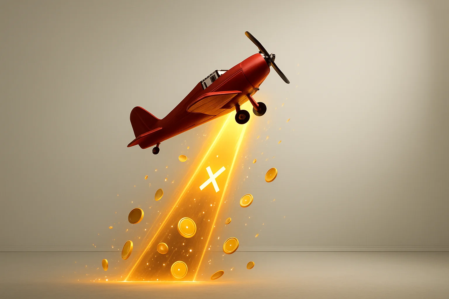 Red airplane climbing with glowing multiplier trail, coins, and sparks