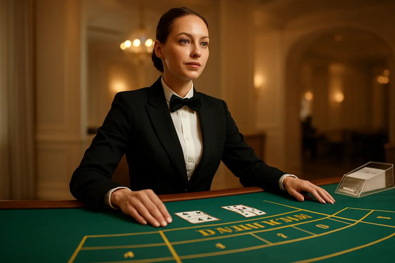 Professional female dealer at elegant live baccarat table in casino