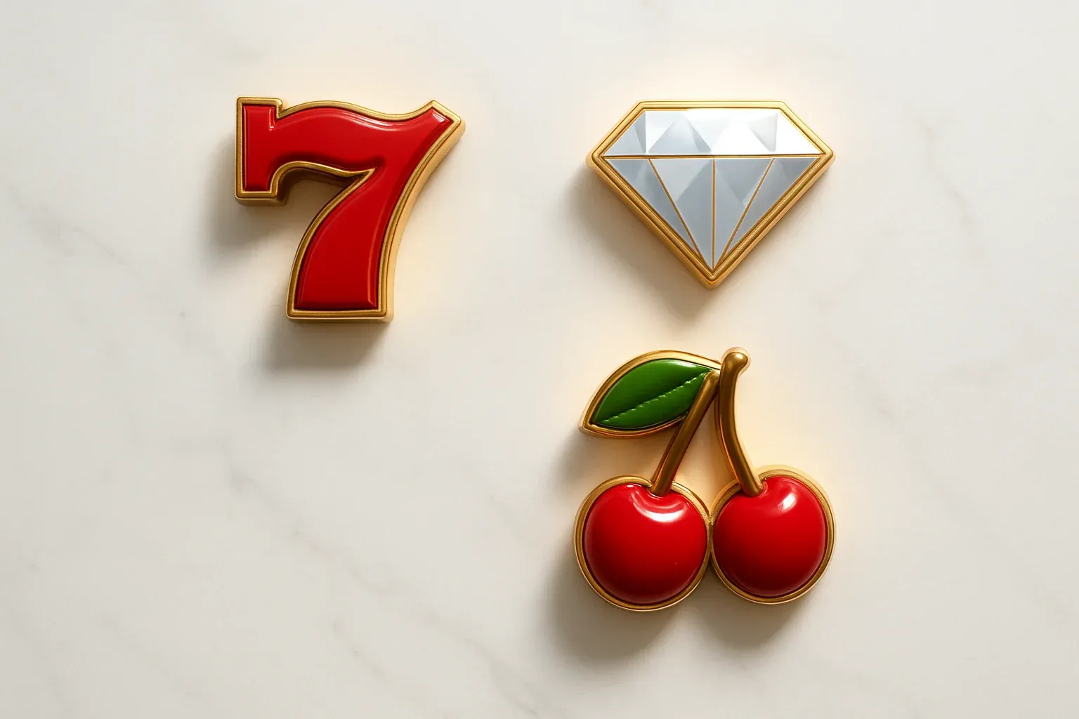 Overhead flat-lay of seven, diamond, and cherry slot symbols